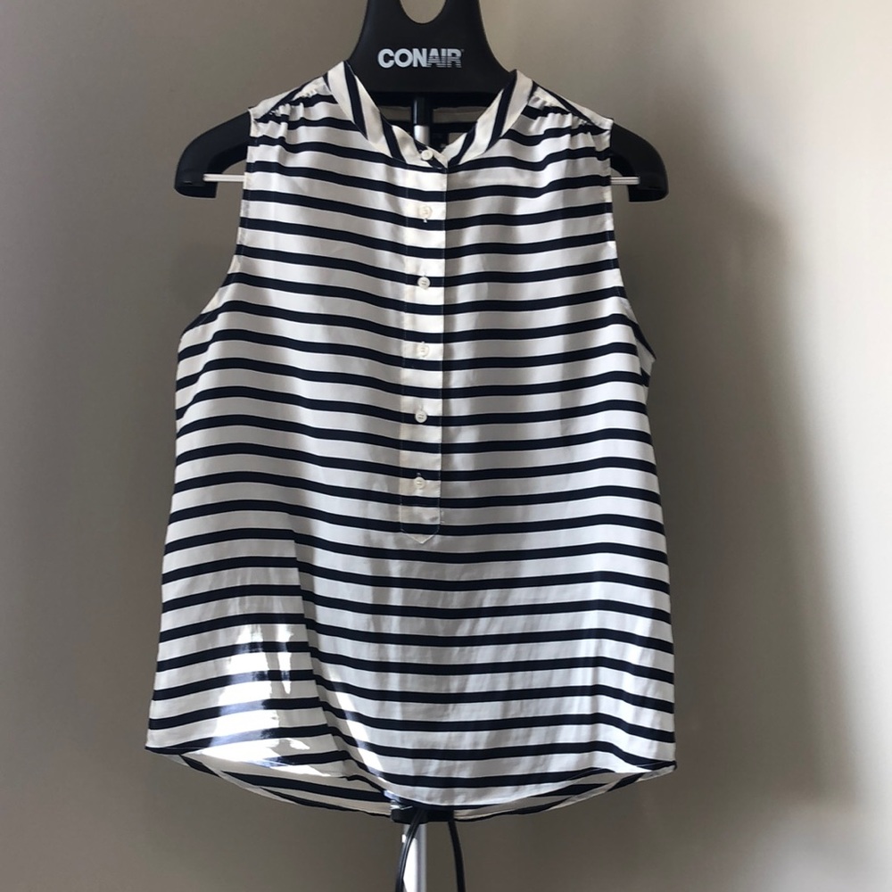 Navy and White J Crew sleeveless blouse.